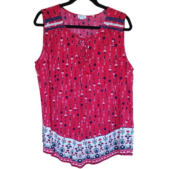Westport Boho Tunic Blouse Womens 2X Red White and Blue Contrasting Trim Tassels - Picture 1 of 7